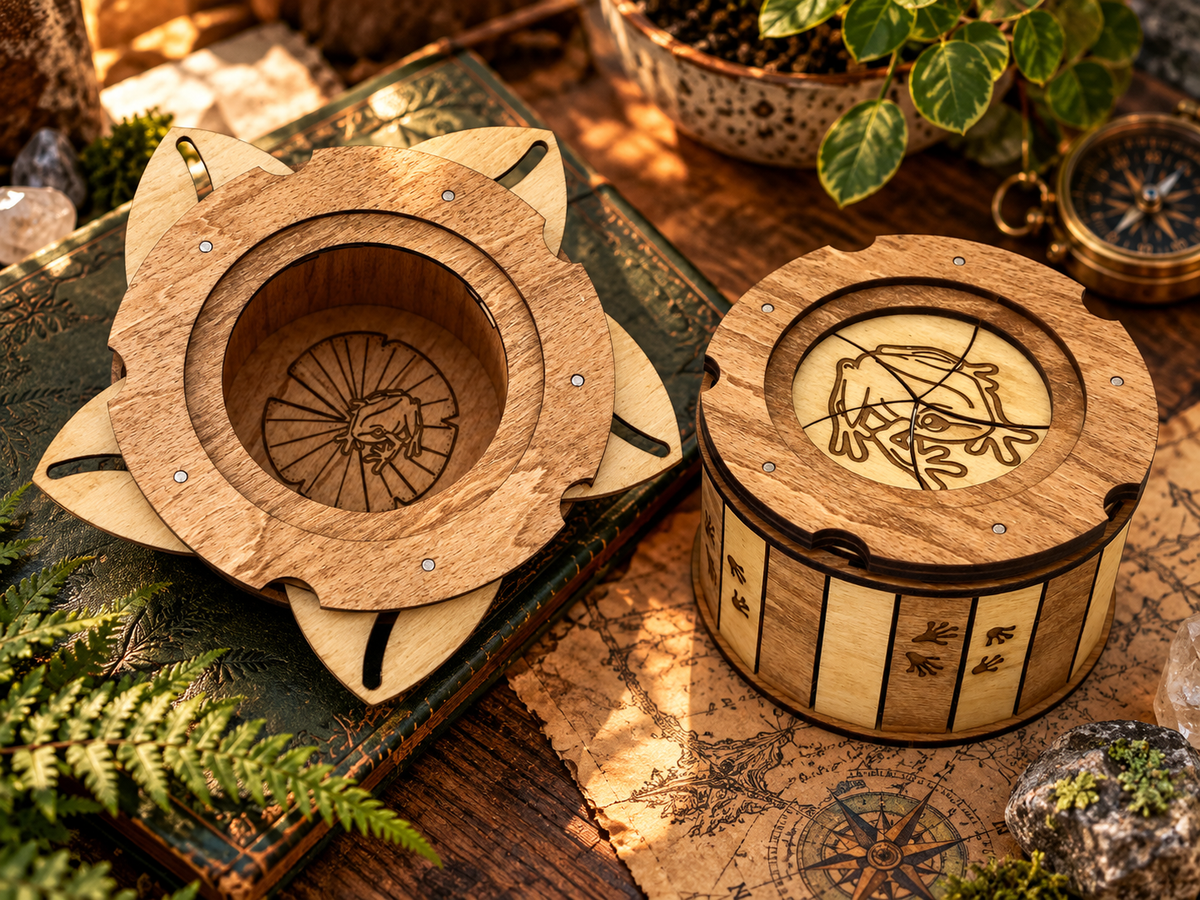 Open and closed wooden frog keepsake boxes on a vintage map, showing the twist-open iris lid, engraved frog artwork, and hidden interior design.