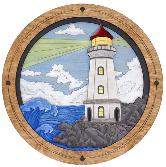 Front-facing view of "Lighthouse on a Rocky Shore," an original 4-layer sculptural wood artwork featuring a lighthouse on a rocky coast with a circular porthole frame.