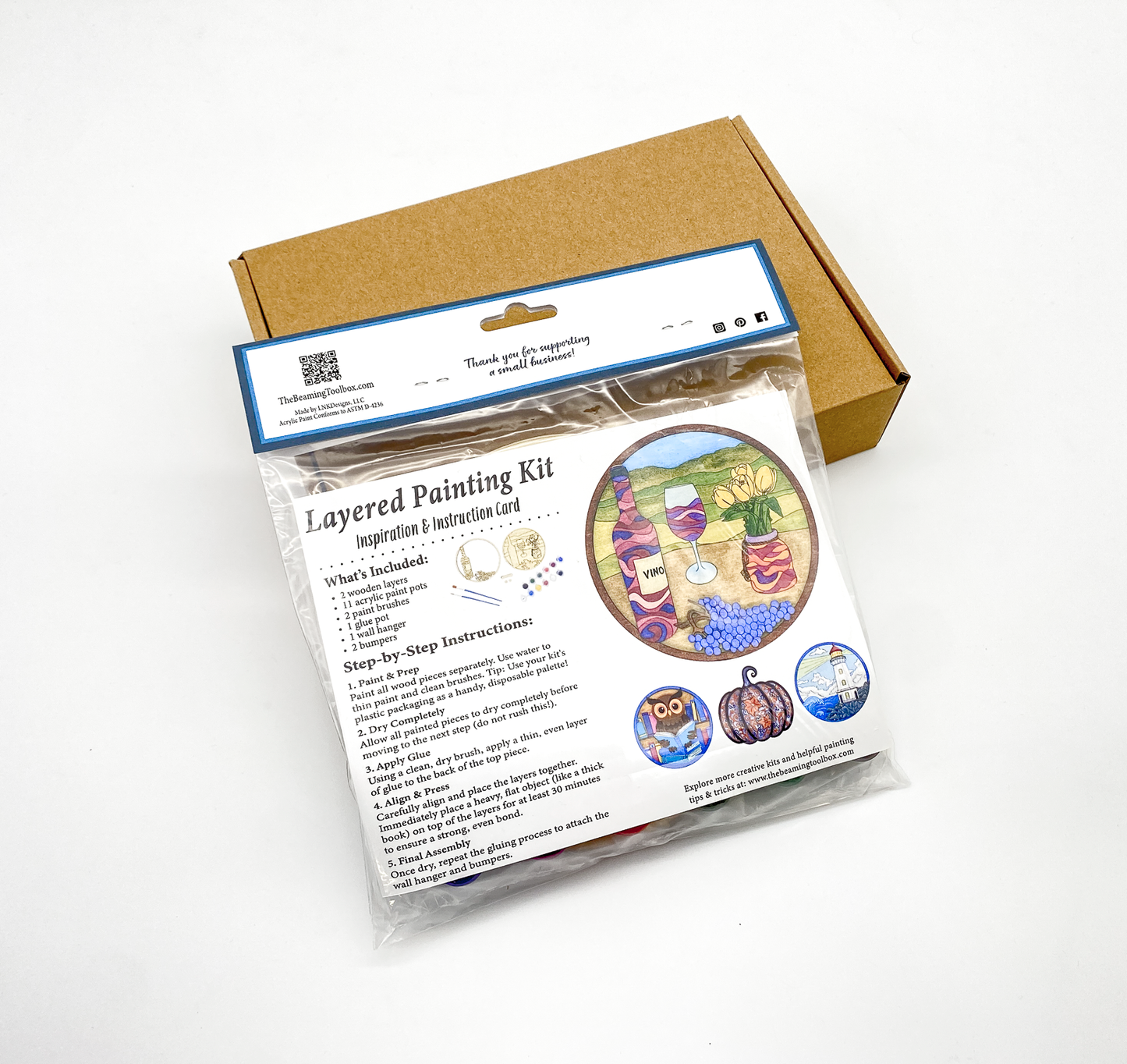 Back of the DIY kit package detailing instructions, the assembly process, and examples of other art kits available