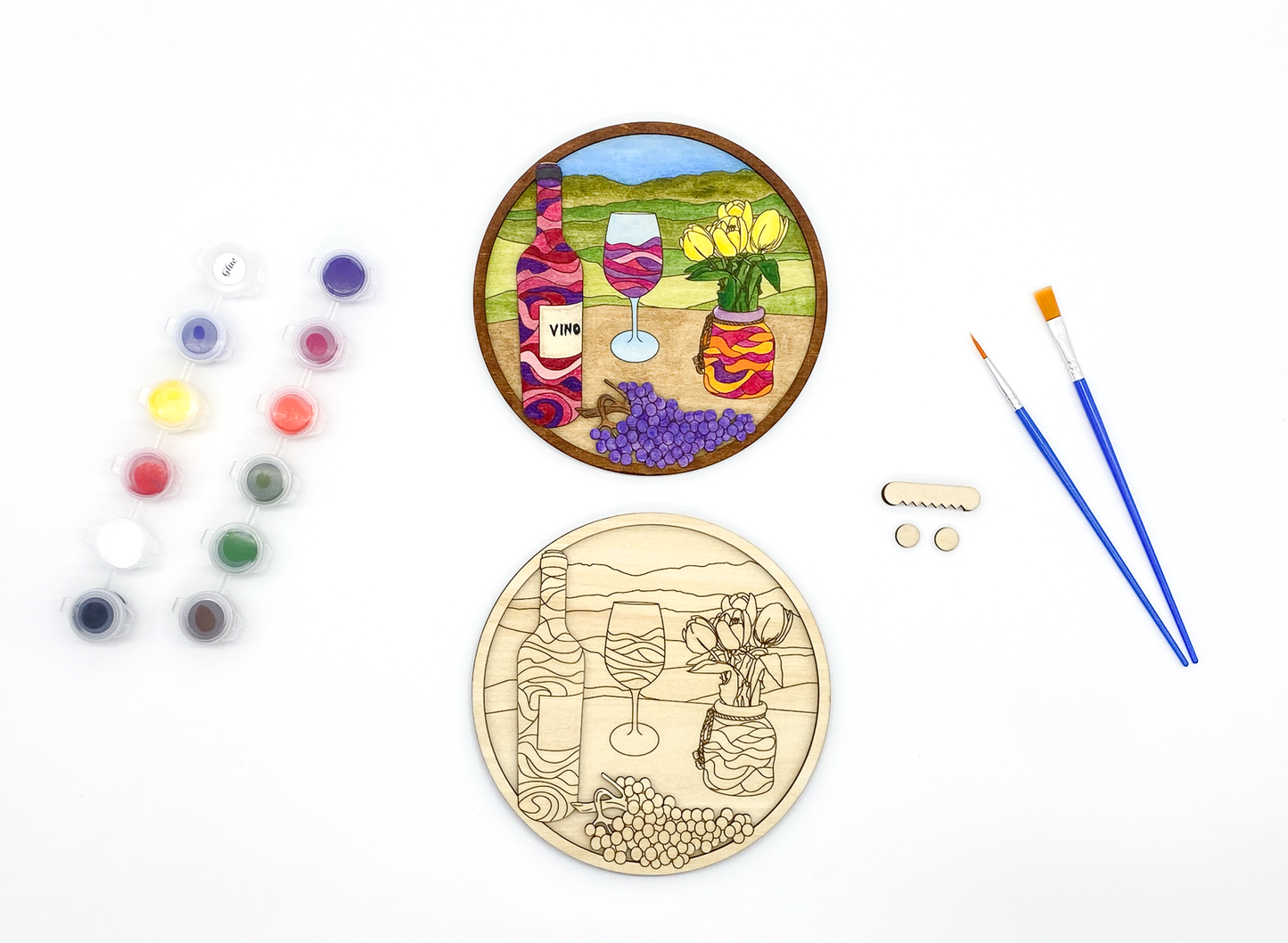DIY 3D wood kit contents showing the painted example and unpainted layers stacked to demonstrate the dimensional effect