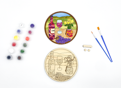 DIY 3D wood kit contents showing the painted example and unpainted layers stacked to demonstrate the dimensional effect