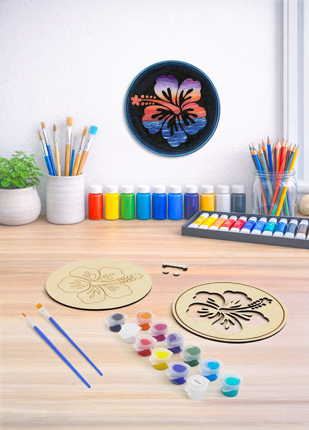 A tropical hibiscus flower 3D layered wood kit with painting supplies, highlighting a multi-dimensional floral design.