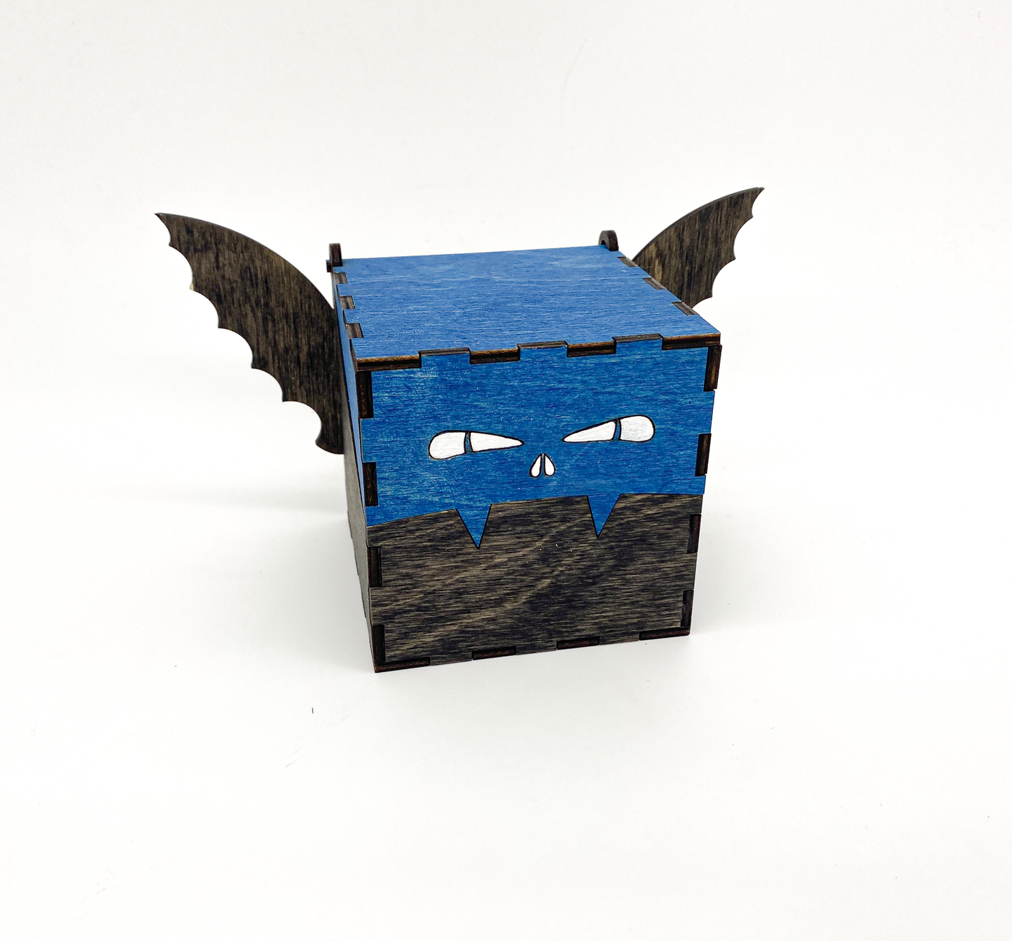 Handmade blue wood bat box with carved wings and hinged lid