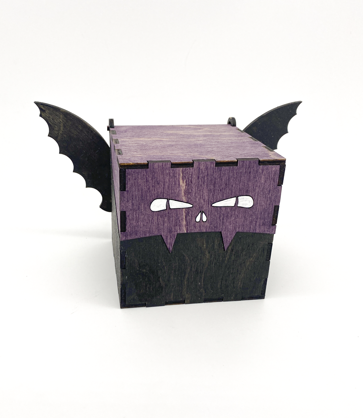 Handmade purple wood bat box with carved wings and hinged lid