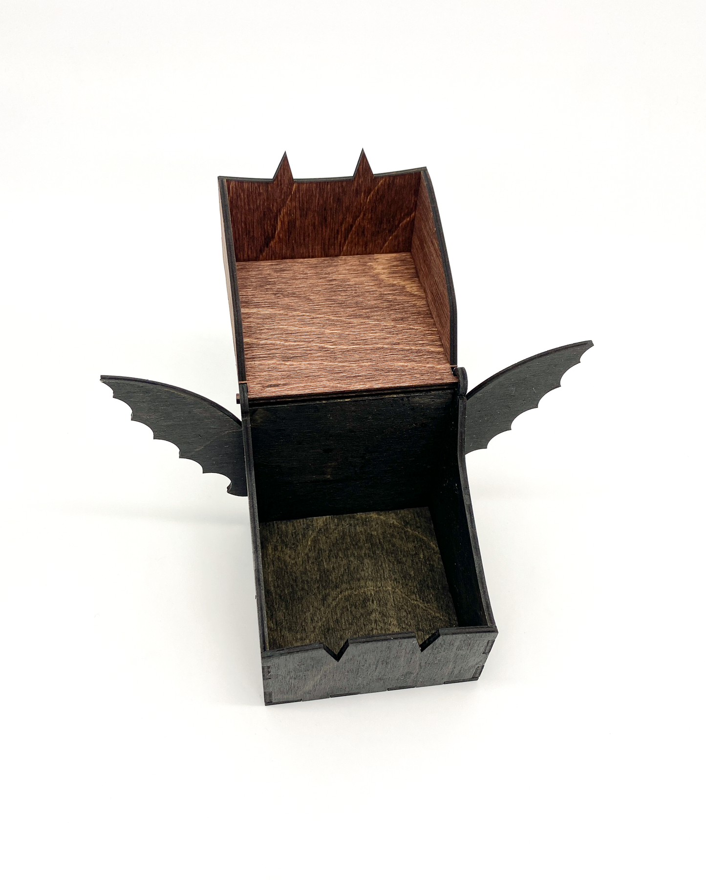 Small gothic wooden bat box for jewelry or Halloween décor open to see inside