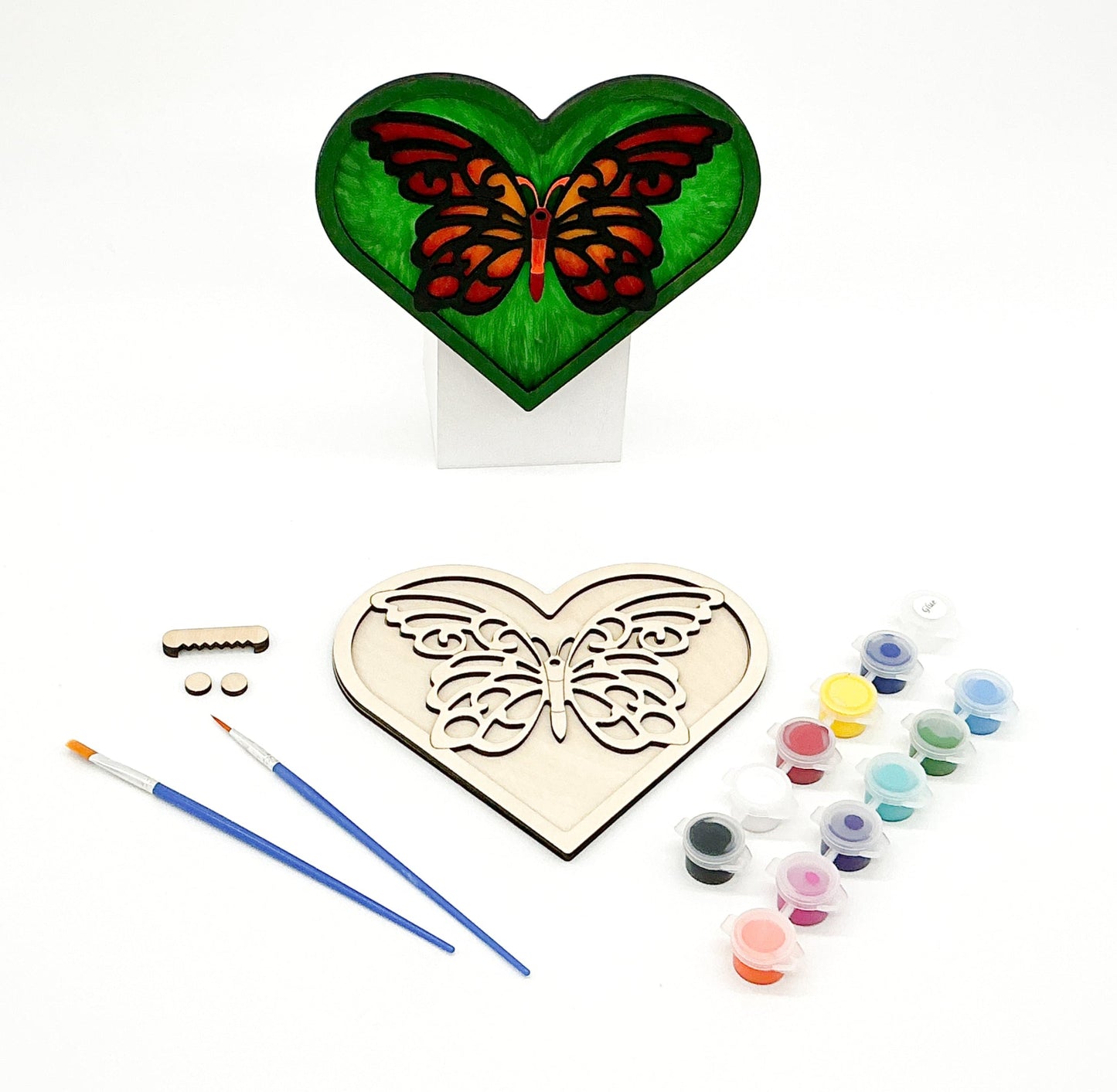 Layered Wood Butterfly And Heart DIY Paint Kit With Paints, Brushes, Wall Hanger And Glue Included
