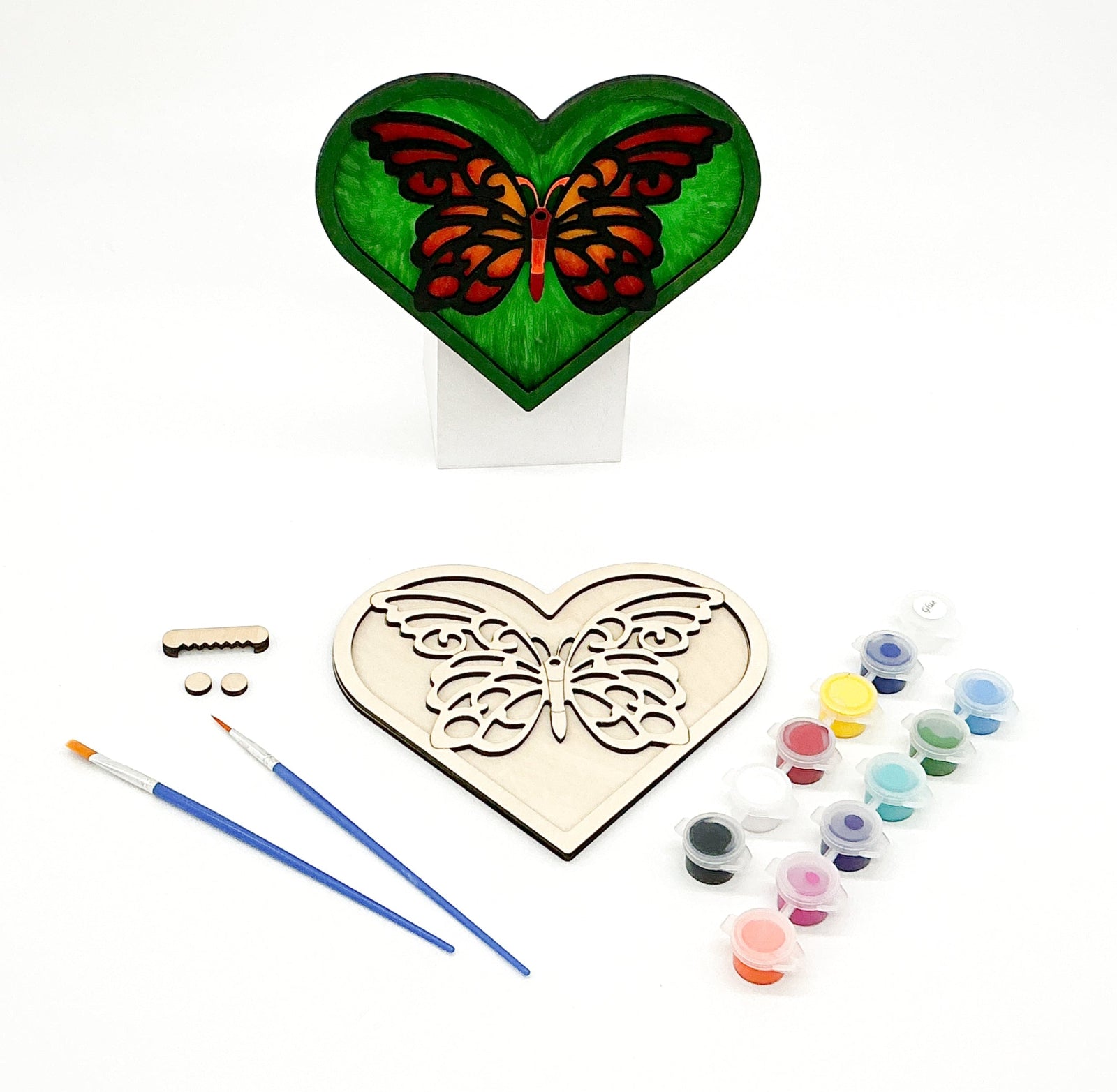 Layered Wood Butterfly And Heart DIY Paint Kit With Paints, Brushes, Wall Hanger And Glue Included