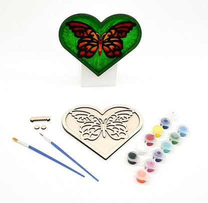 Layered Wood Butterfly And Heart DIY Paint Kit With Paints, Brushes, Wall Hanger And Glue Included