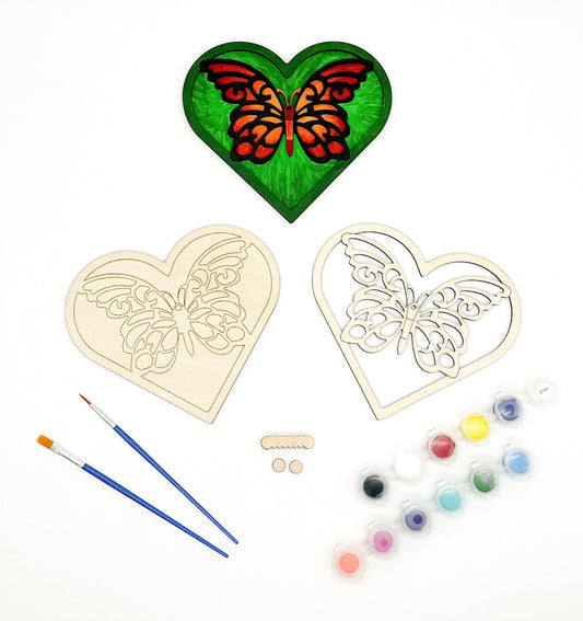 Layered Wood Butterfly And Heart DIY Paint Kit With Paints, Brushes, Wall Hanger And Glue Included