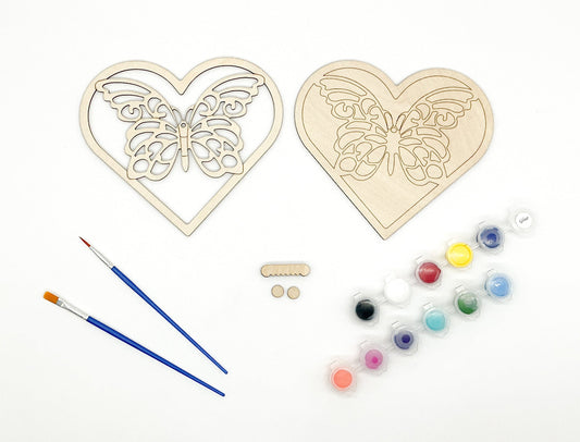 Layered Wood Butterfly And Heart DIY Paint Kit With Paints, Brushes, Wall Hanger And Glue Included
