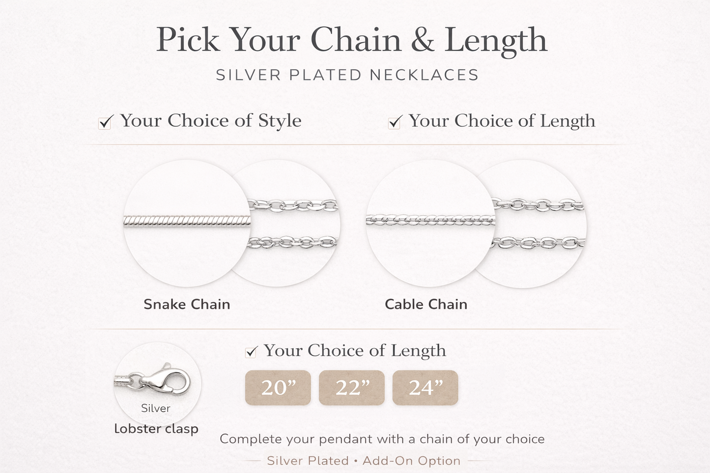 Silver platted necklaces with snake chain and cable chain options on a white background.