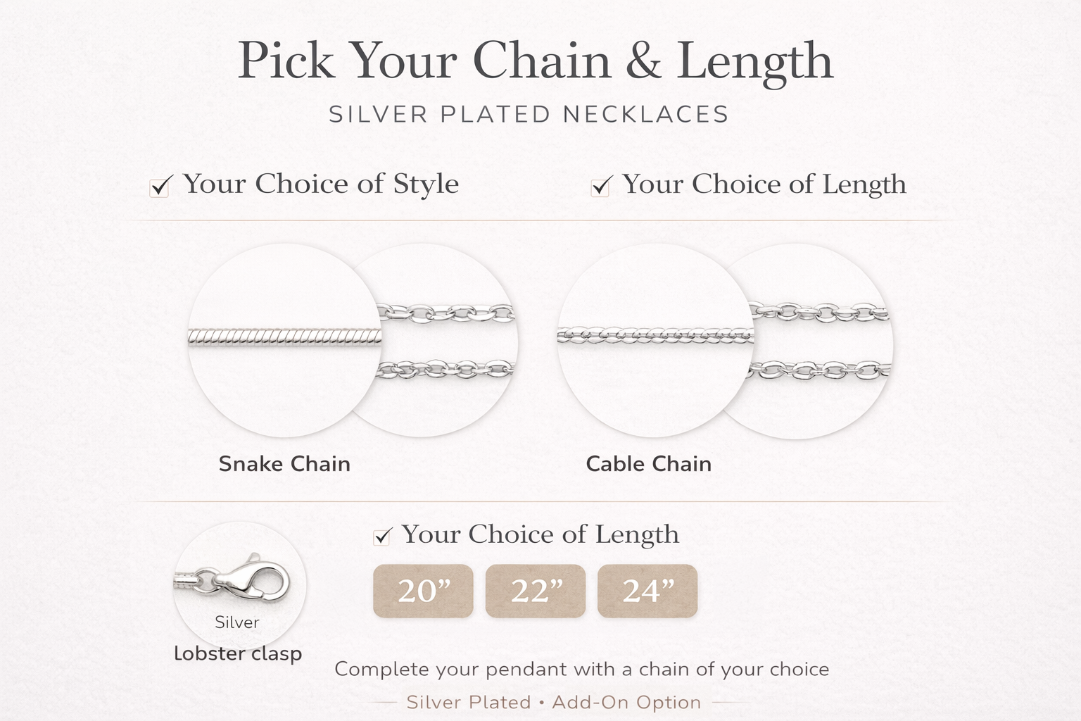 Silver platted necklaces with snake chain and cable chain options on a white background.