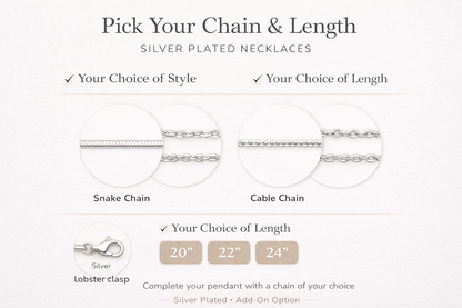 Silver platted necklaces with snake chain and cable chain options on a white background.