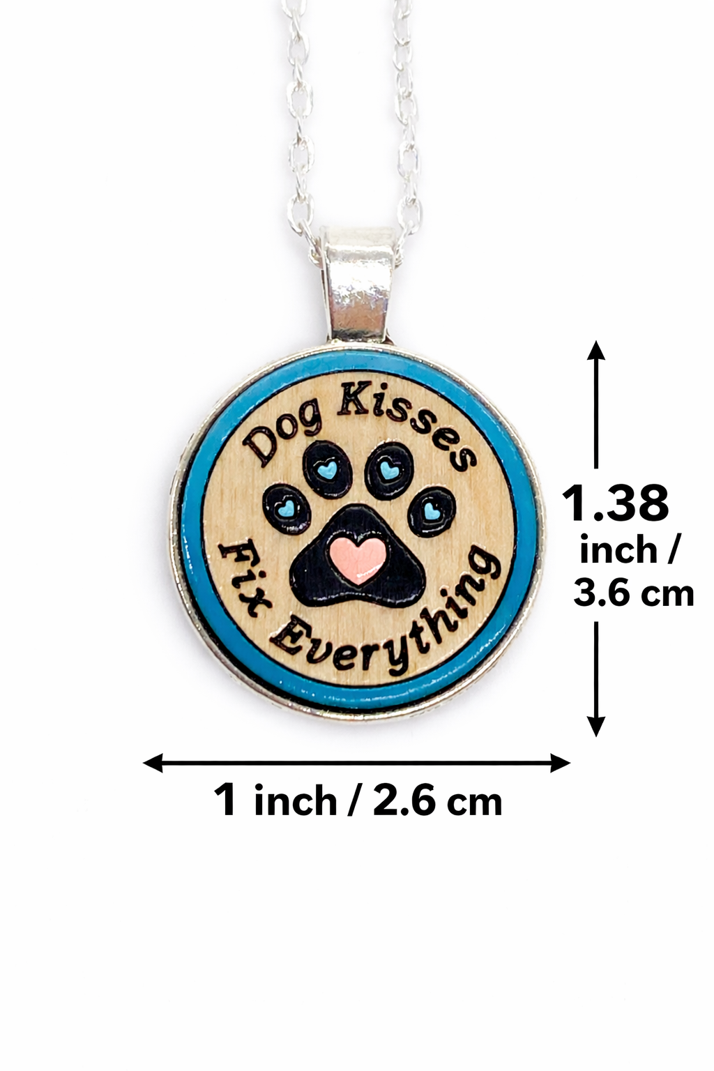 Necklace with pendant featuring a paw print and text, shown with measurements on a white background.