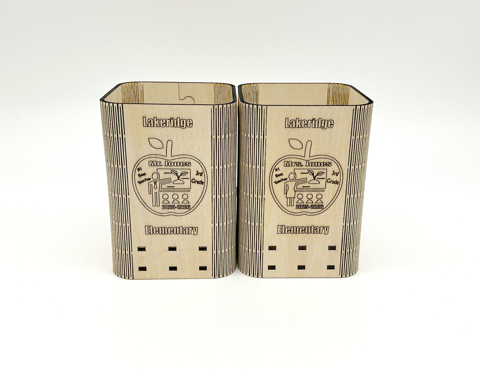 Personalized Teacher Pencil Holder On A Desk, Holding Pens And Pencils, With Custom Engraved Name, School, And Year Visible.