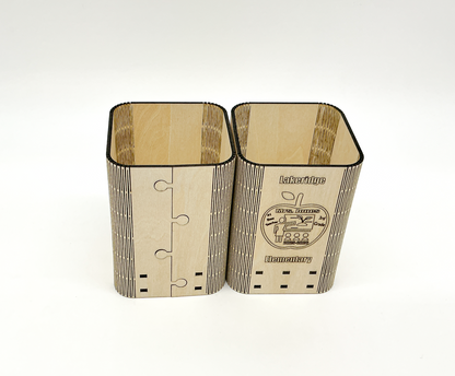 Personalized Teacher Pencil Holder On A Desk, Holding Pens And Pencils, With Custom Engraved Name, School, And Year Visible. View Of Front And Back.