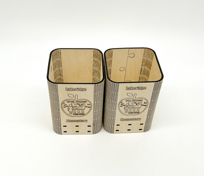 Inside View Of Personalized Teacher Pencil Holder On A Desk, Holding Pens And Pencils, With Custom Engraved Name, School, And Year Visible.