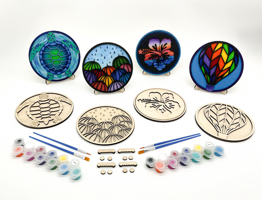 DIY Wood Painting Craft Kit, Mini Moments, Set of 4, Sea Turtle, Umbrella Art, Hawaiian Hibscus Flower, Hot Air Balloon