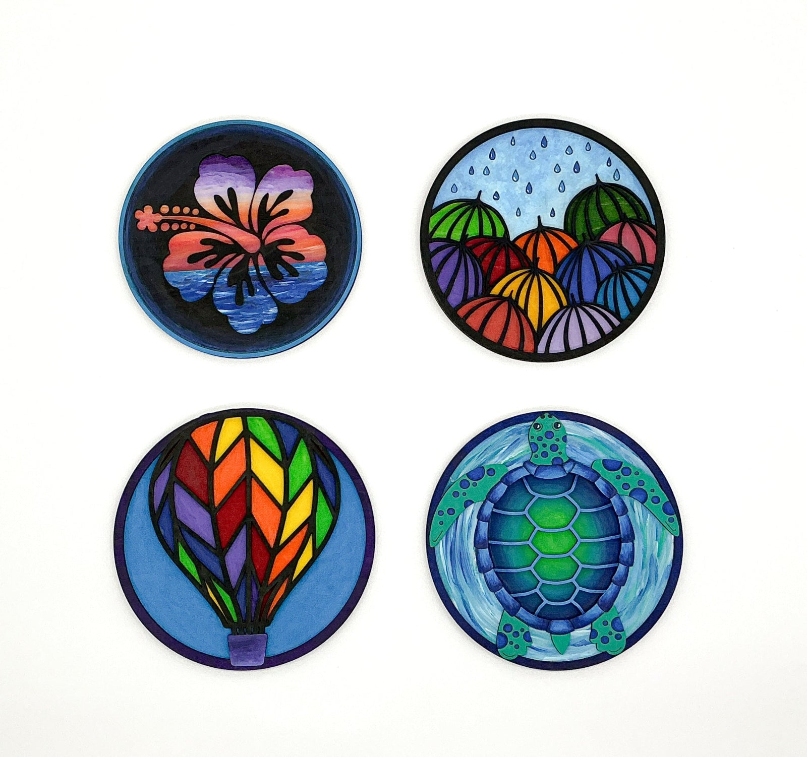 DIY Wood Painting Craft Kit, Mini Moments, Set of 4, Sea Turtle, Umbrella Art, Hawaiian Hibscus Flower, Hot Air Balloon