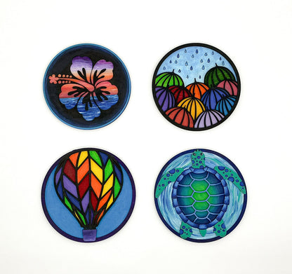 DIY Wood Painting Craft Kit, Mini Moments, Set of 4, Sea Turtle, Umbrella Art, Hawaiian Hibscus Flower, Hot Air Balloon