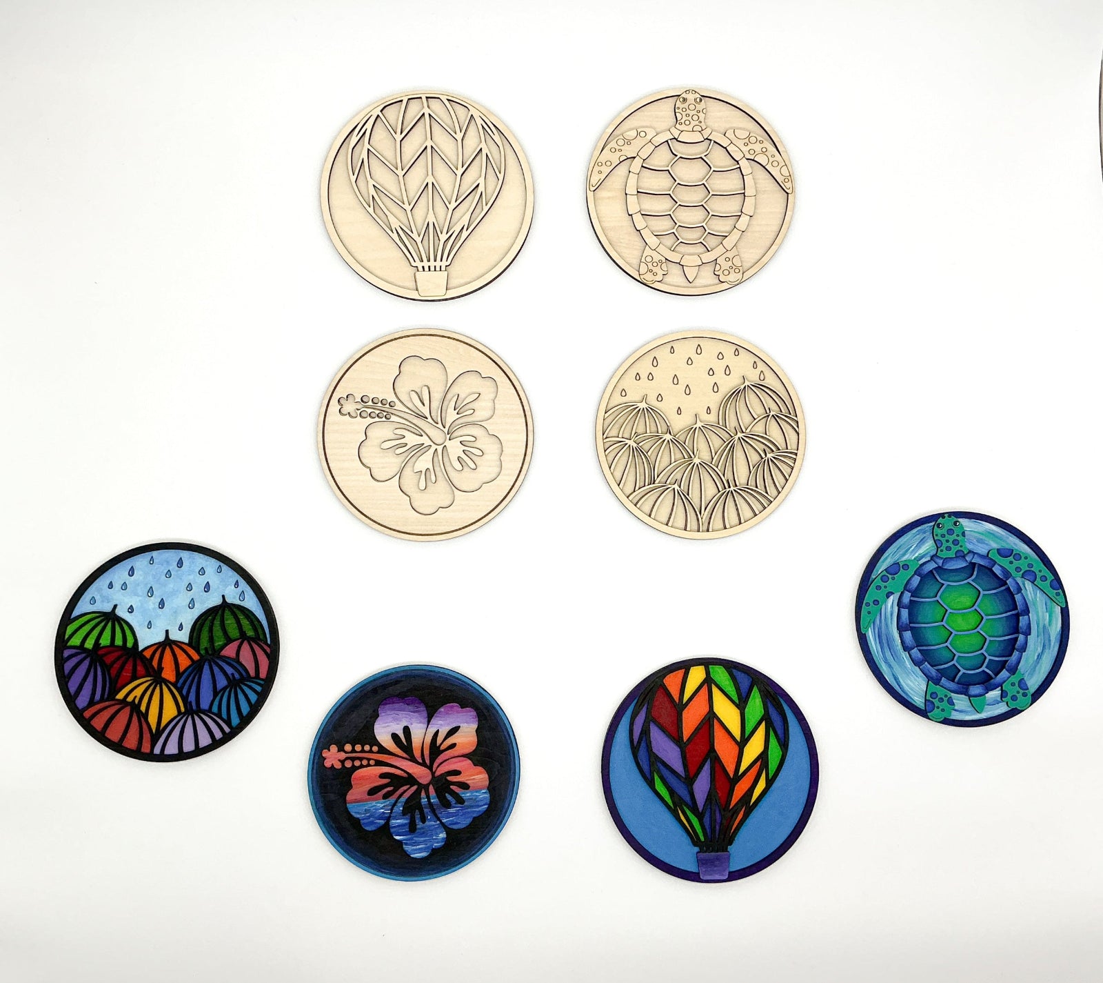 DIY Wood Painting Craft Kit, Mini Moments, Set of 4, Sea Turtle, Umbrella Art, Hawaiian Hibscus Flower, Hot Air Balloon