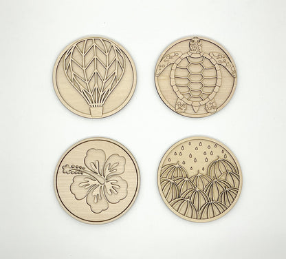 DIY Wood Painting Craft Kit, Mini Moments, Set of 4, Sea Turtle, Umbrella Art, Hawaiian Hibscus Flower, Hot Air Balloon