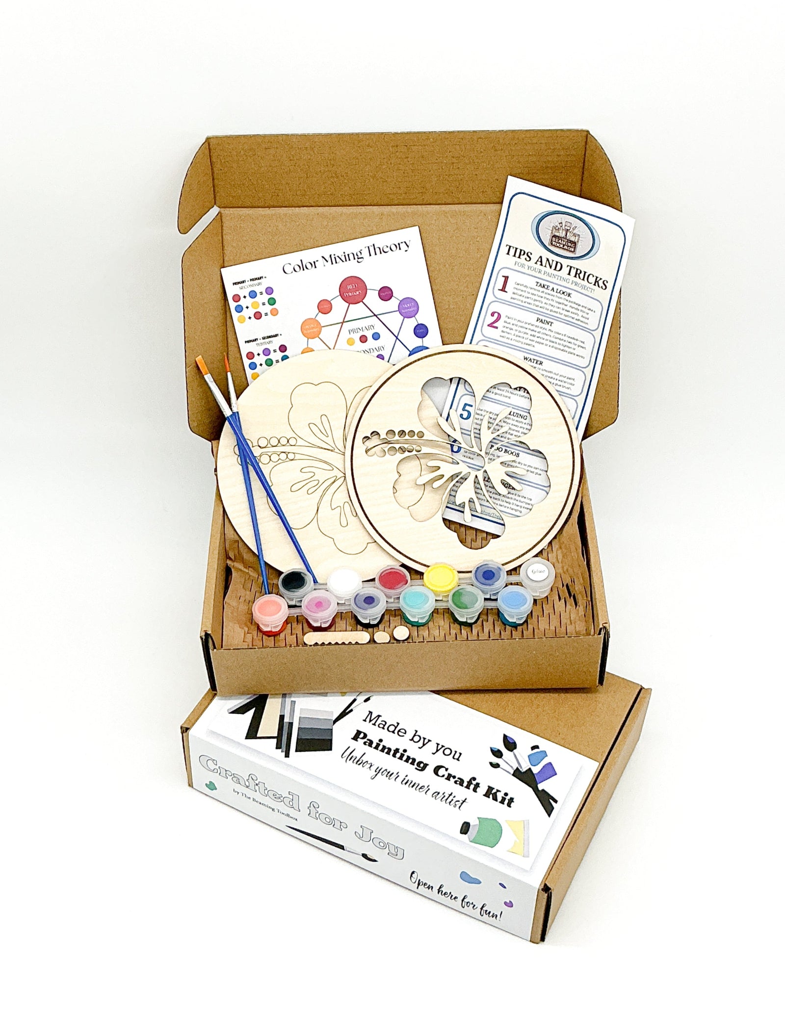 DIY Wood Painting Craft Kit, Mini Moments, Hawaiian Hibiscus Flower With Paint, Brushes And Instructions In A Finished Box