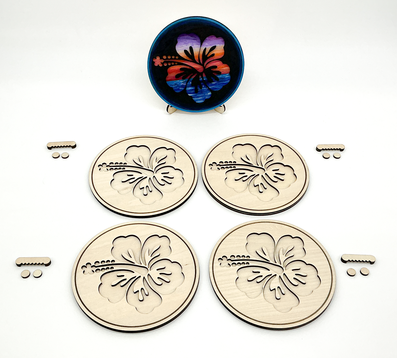 Set of 4 DIY Paint Hawaiian Hibiscus Kit With Sawtooth Hangers, Paint Pots and Brushes and Finished Paint Kit.