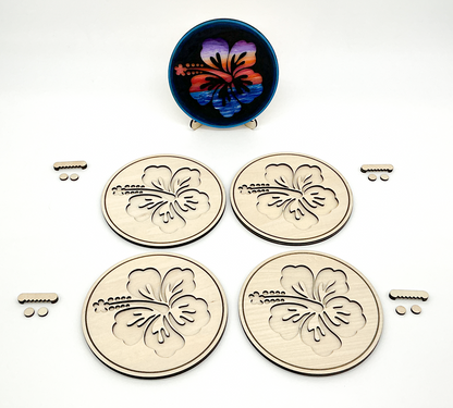 Set of 4 DIY Paint Hawaiian Hibiscus Kit With Sawtooth Hangers, Paint Pots and Brushes and Finished Paint Kit.