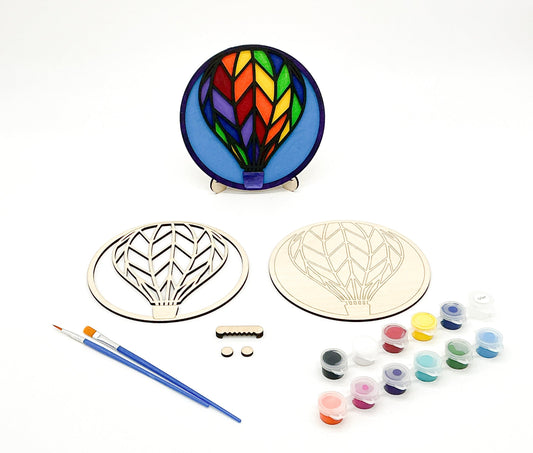 DIY Paint Hot Air Balloon Kit With Sawtooth Hangers, Paint Pots and Brushes and Finished Paint Kit.