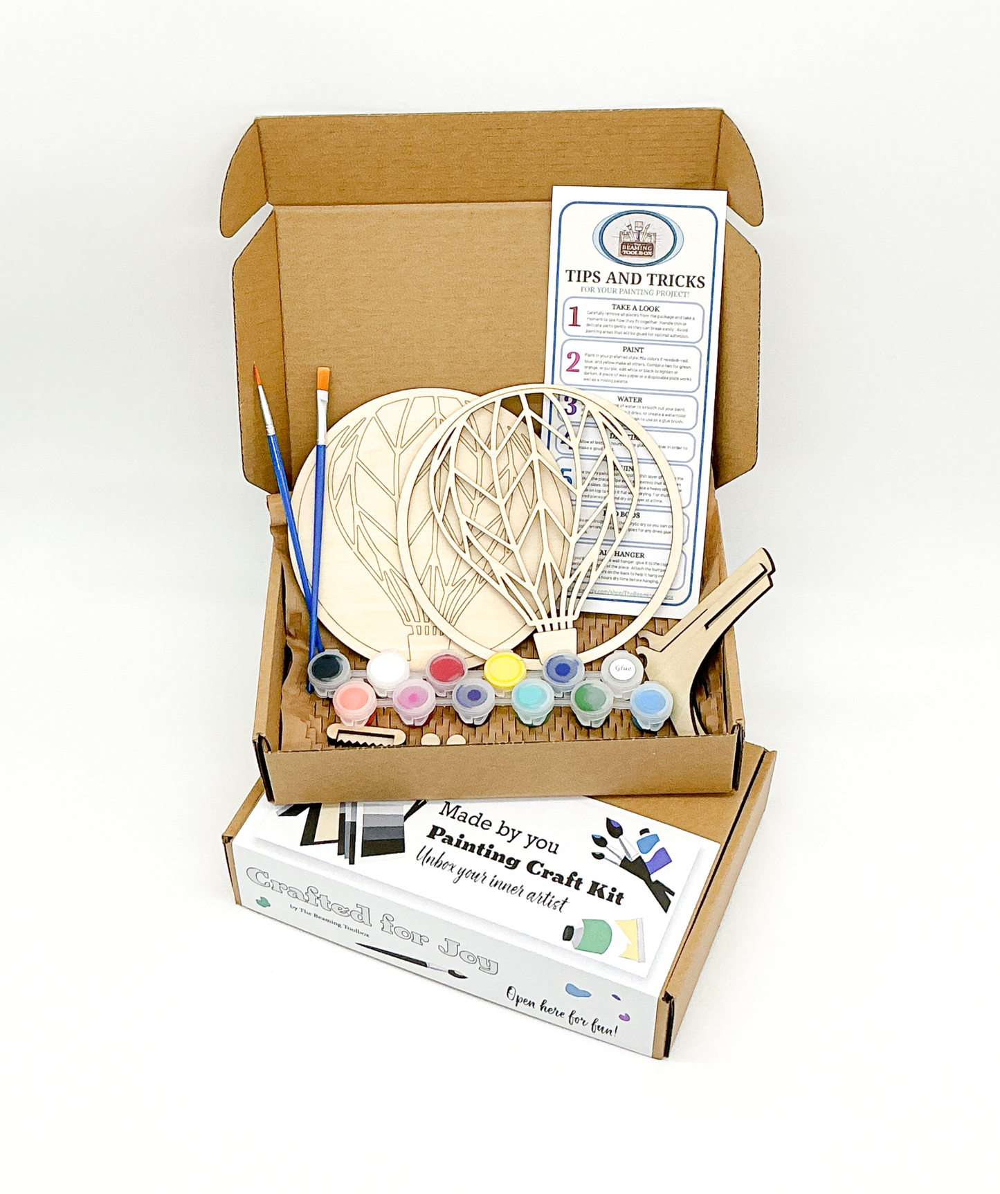 DIY Wood Painting Craft Kit, Mini Moments, Hot Air Balloon With Paint, Brushes And Instructions In A Finished Box