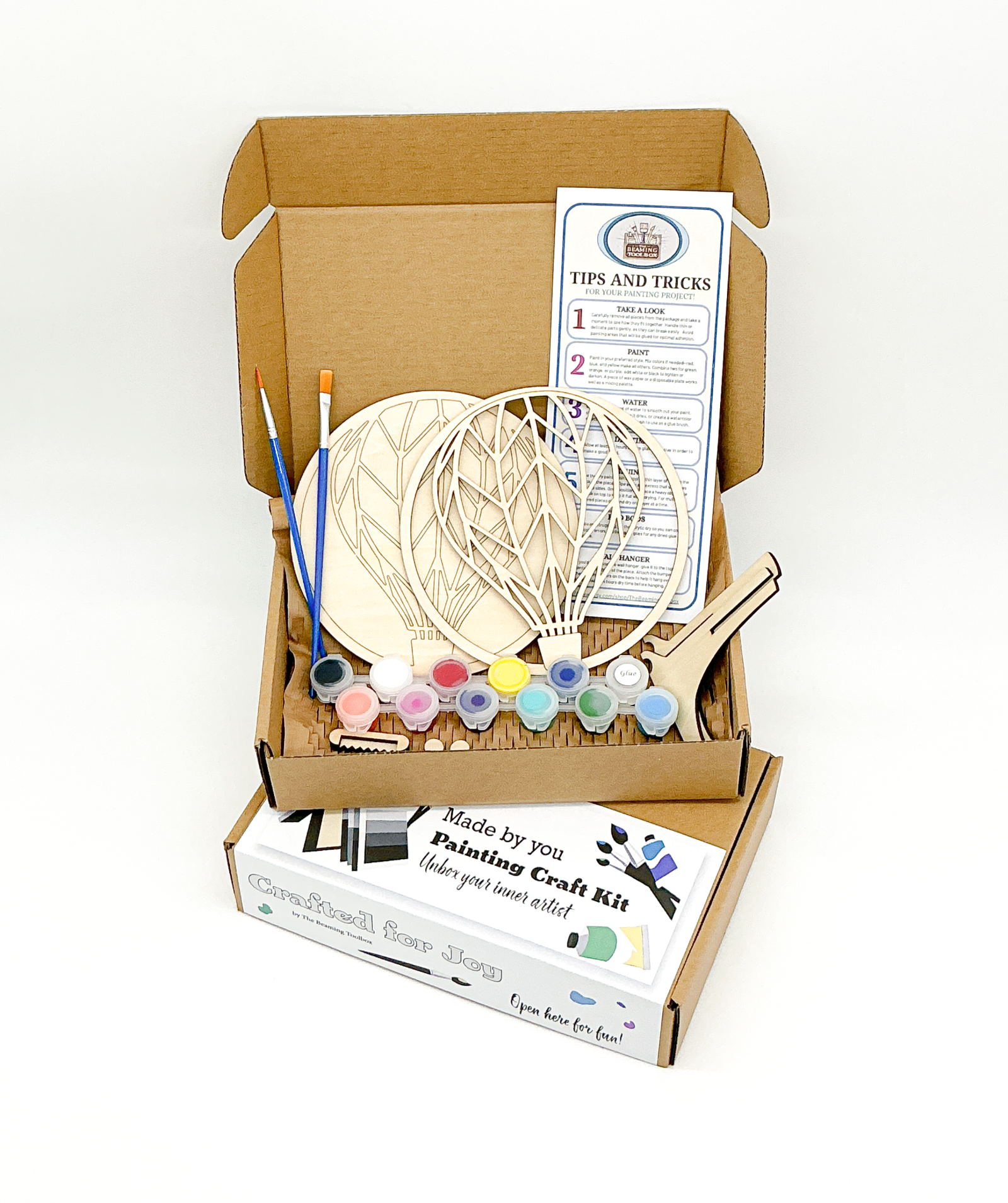 DIY Wood Painting Craft Kit, Mini Moments, Hot Air Balloon With Paint, Brushes And Instructions In A Finished Box