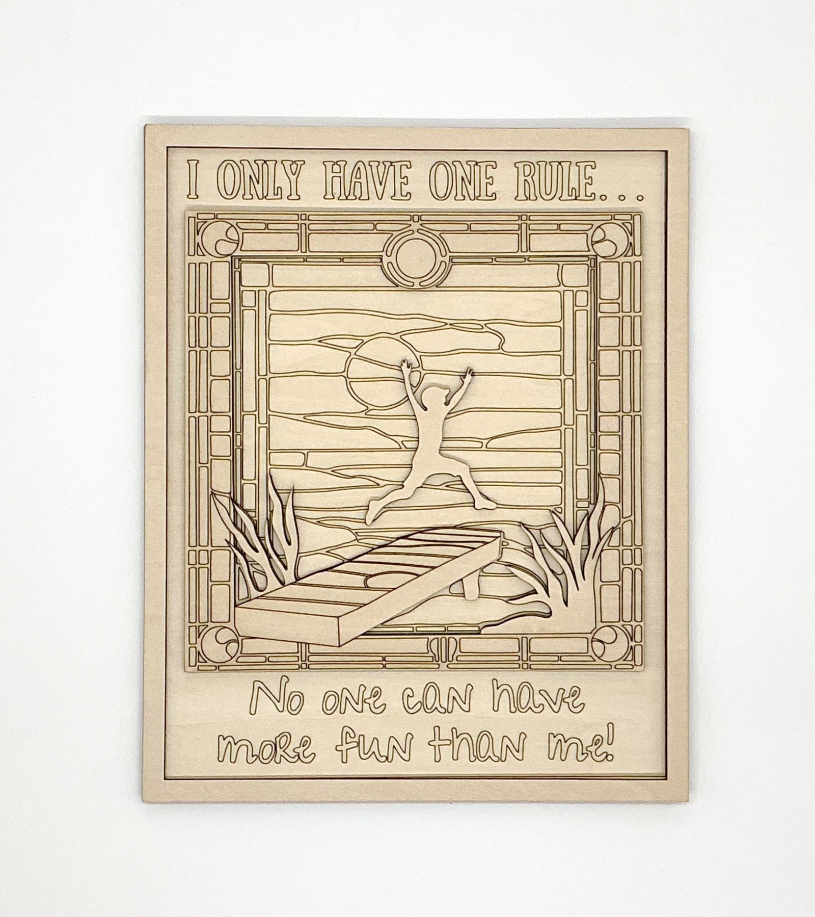 Layered Wood DIY Paint Kit Featuring "I Only Have One Rule... No One Can Have More Fun Than Me" Design With 3D Wooden Boy Figure, Frame, Paints, Brushes, Glue, And Hanging Hardware