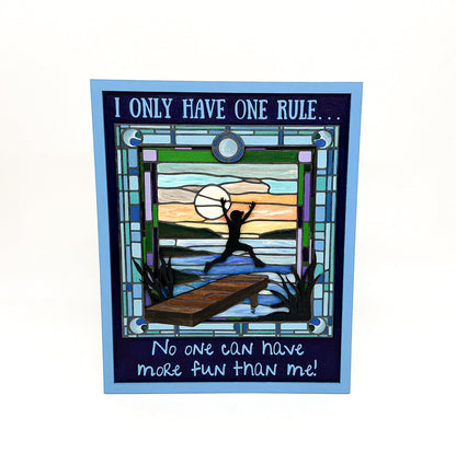 Layered Wood DIY Paint Kit Featuring "I Only Have One Rule... No One Can Have More Fun Than Me" Design With 3D Wooden Boy Figure, Frame, Paints, Brushes, Glue, And Hanging Hardware