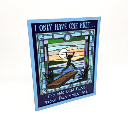 Layered Wood DIY Paint Kit Featuring "I Only Have One Rule... No One Can Have More Fun Than Me" Design With 3D Wooden Boy Figure, Frame, Paints, Brushes, Glue, And Hanging Hardware