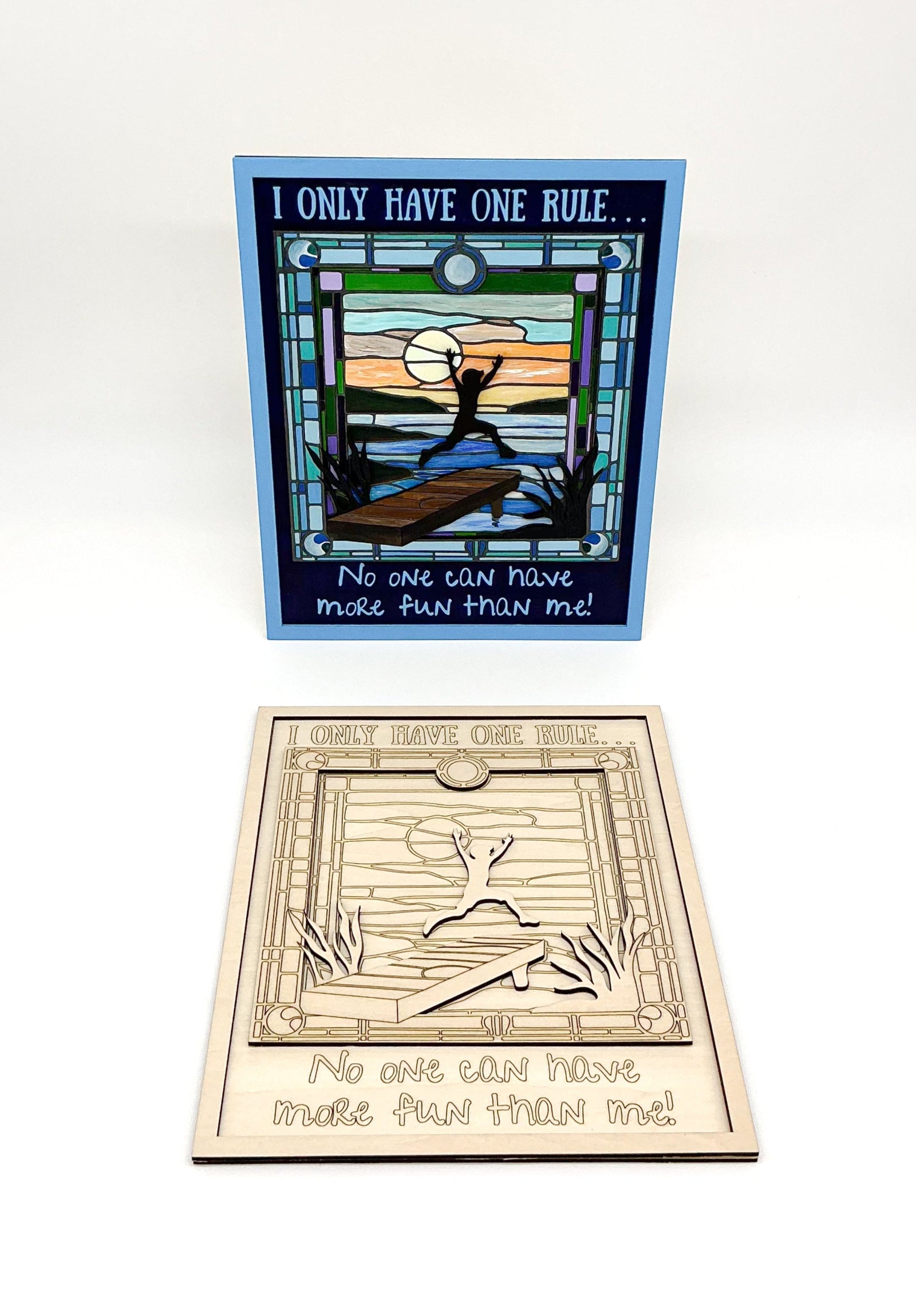 Layered Wood DIY Paint Kit Featuring "I Only Have One Rule... No One Can Have More Fun Than Me" Design With 3D Wooden Boy Figure, Frame, Paints, Brushes, Glue, And Hanging Hardware