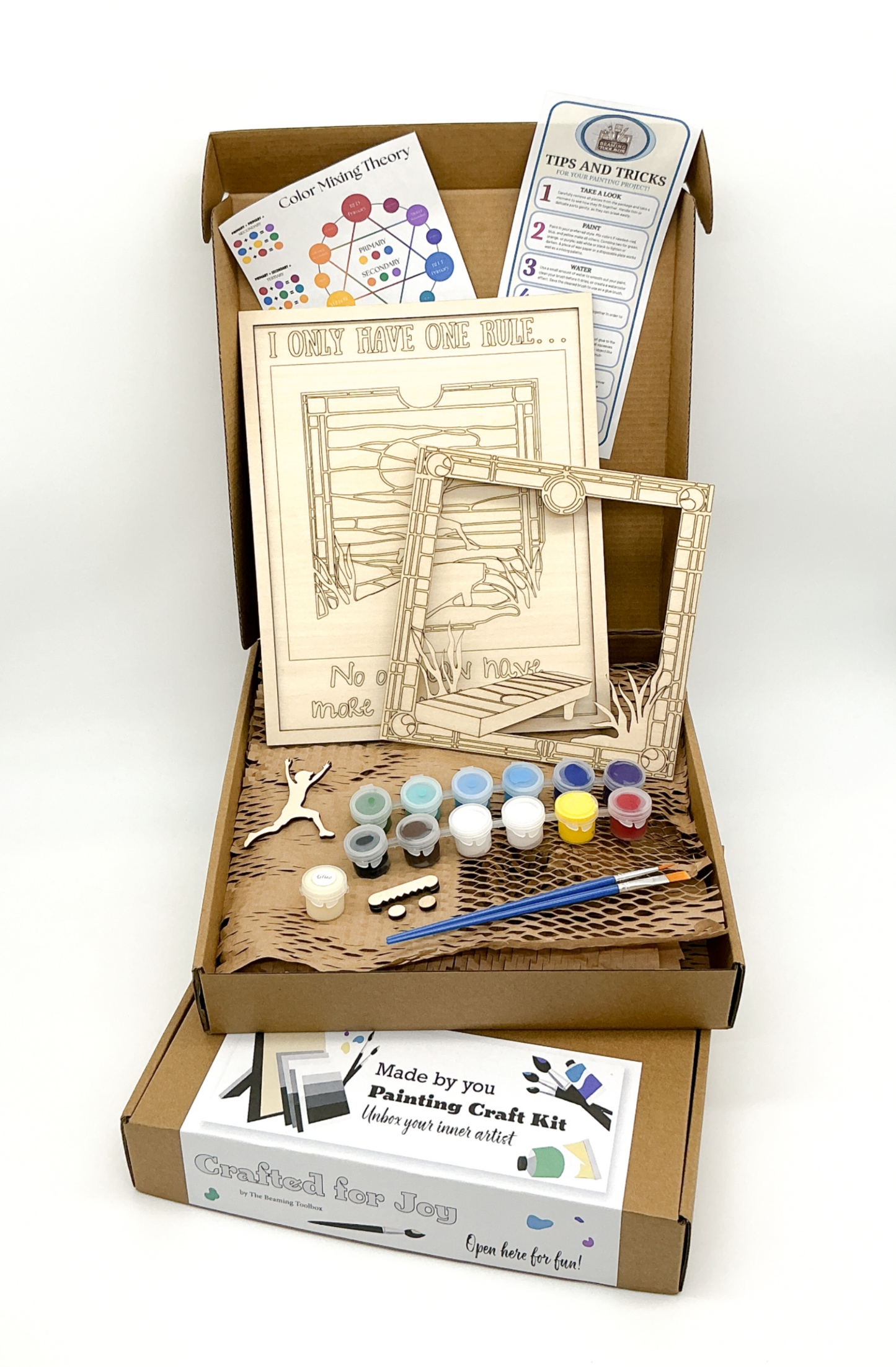 Layered Wood DIY Paint Kit Featuring "I Only Have One Rule... No One Can Have More Fun Than Me" Design With 3D Wooden Boy Figure, Frame, Paints, Brushes, Glue, And Hanging Hardware