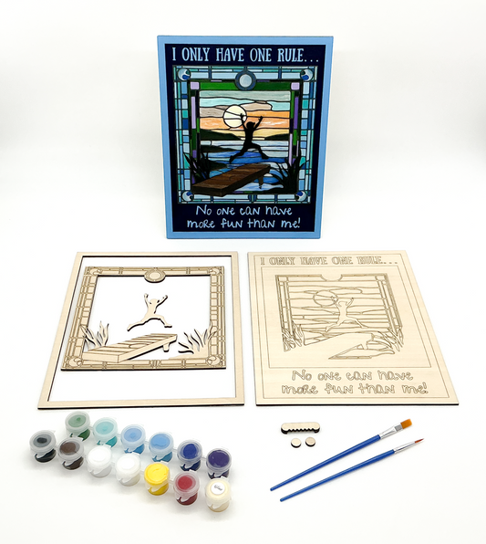 Layered Wood DIY Paint Kit Featuring "I Only Have One Rule... No One Can Have More Fun Than Me" Design With 3D Wooden Boy Figure, Frame, Paints, Brushes, Glue, And Hanging Hardware