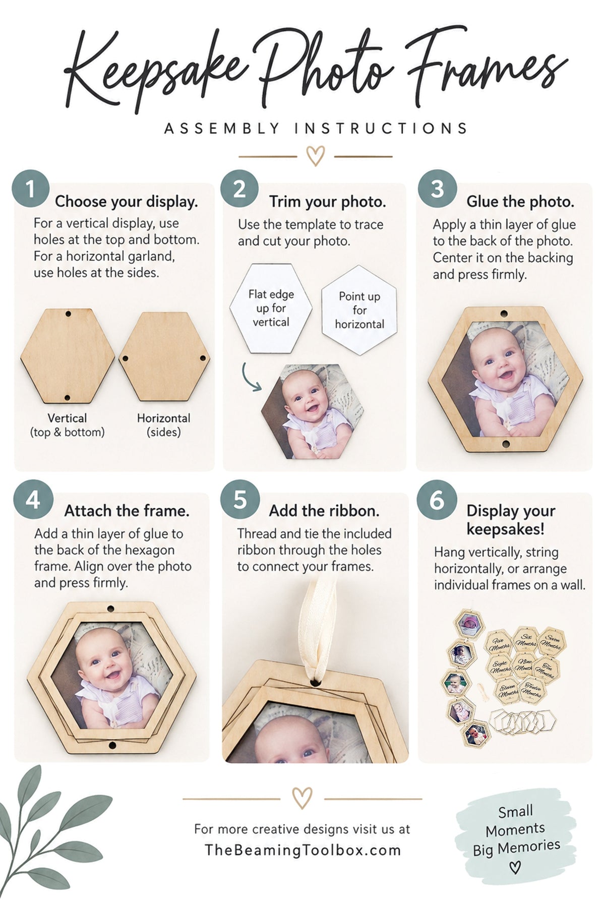 Assembly instructions for wooden hexagon baby milestone photo frames, showing how to trim photos, glue frames, add ribbon, and create a keepsake garland.