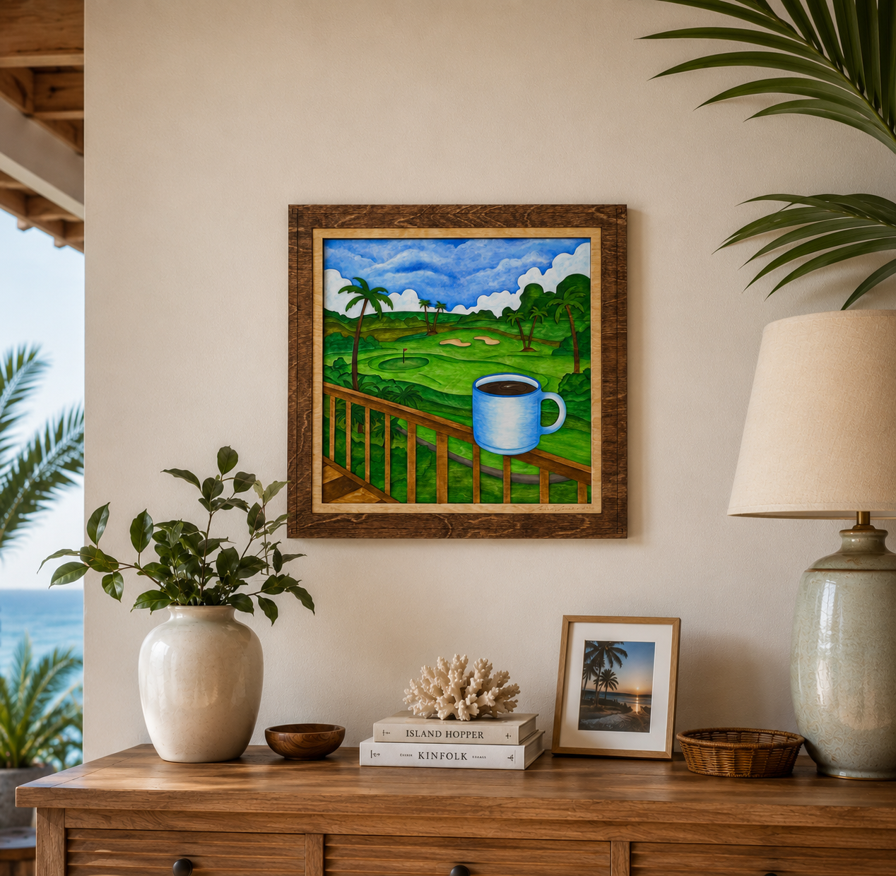 Lanai Mornings original layered wood wall art displayed above a wooden console table in a tropical-inspired coastal interior with warm neutral decor and ocean views.