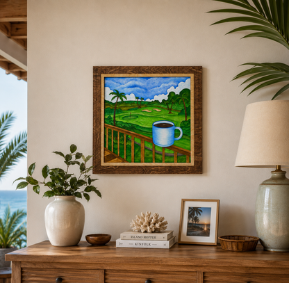 Lanai Mornings original layered wood wall art displayed above a wooden console table in a tropical-inspired coastal interior with warm neutral decor and ocean views.