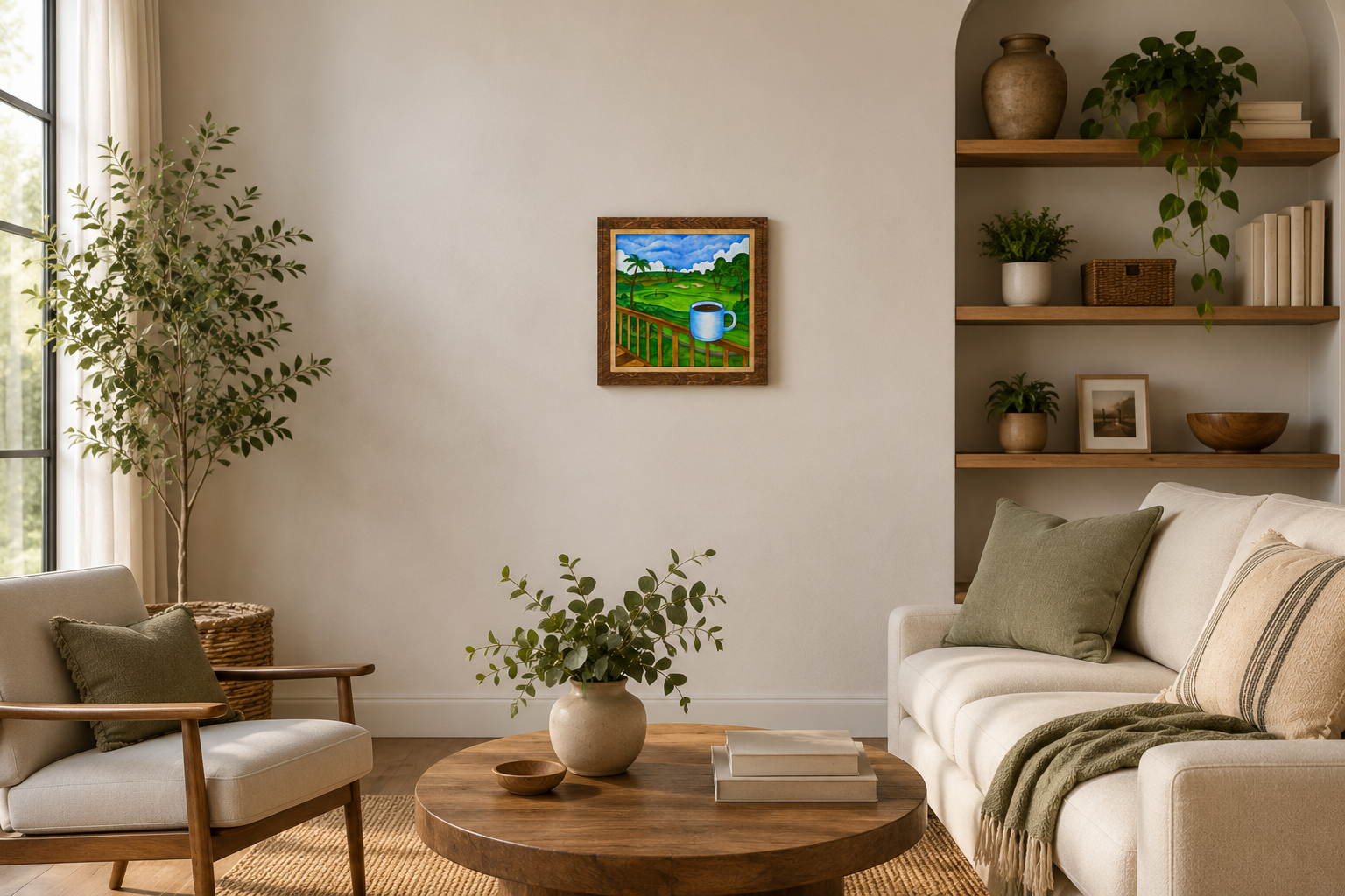 Lanai Mornings layered wood artwork displayed in a warm modern living room with neutral furniture, natural wood accents, plants, and soft coastal-inspired decor.