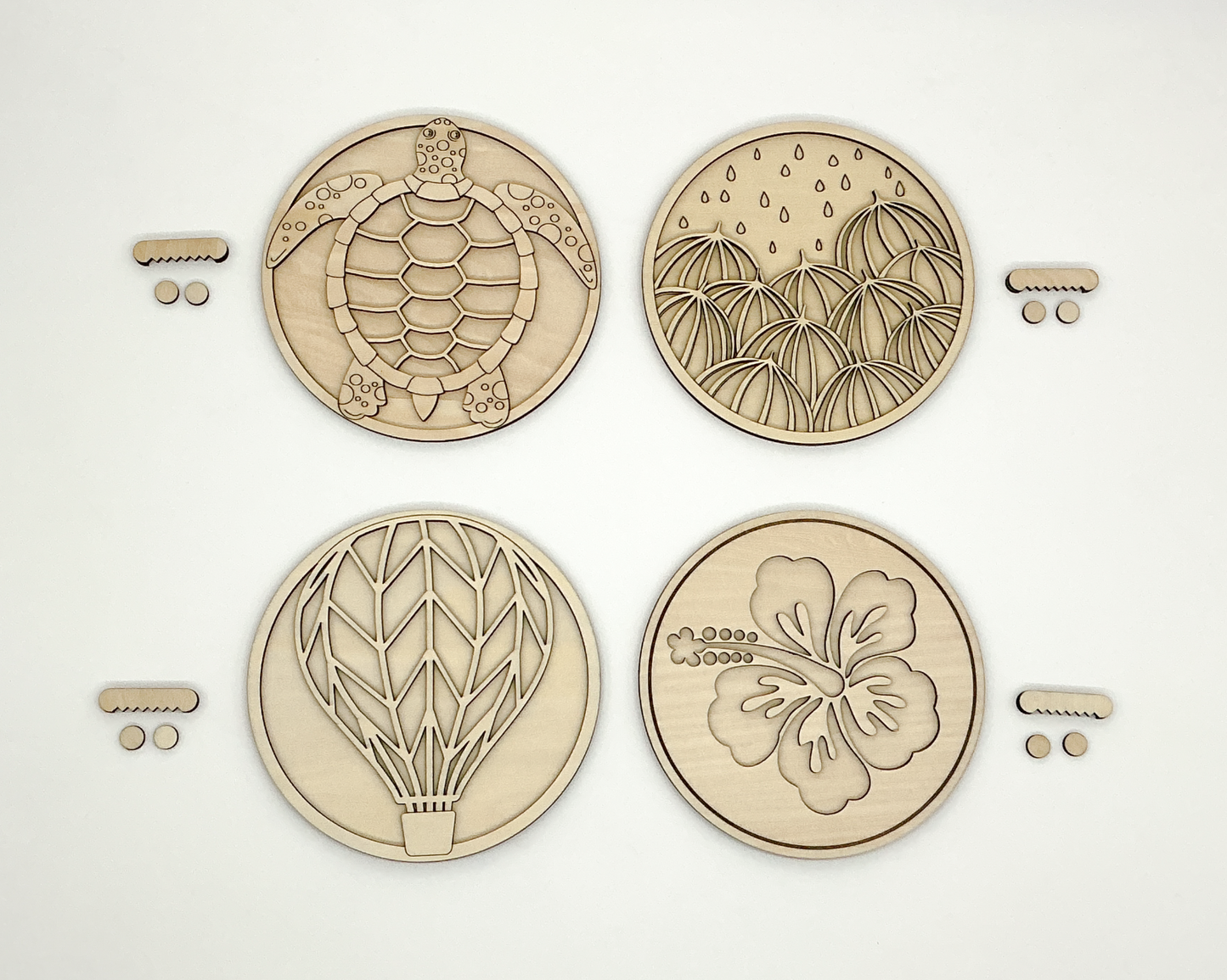 DIY Wood Painting Craft Kit, Mini Moments, Set of 4, Sea Turtle, Umbrella Art, Hawaiian Hibscus Flower, Hot Air Balloon, With Sawtooth Wall Hangers