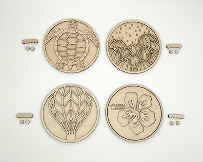 DIY Wood Painting Craft Kit, Mini Moments, Set of 4, Sea Turtle, Umbrella Art, Hawaiian Hibscus Flower, Hot Air Balloon, With Sawtooth Wall Hangers