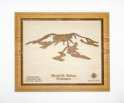 Front view of a 3D layered wood art piece featuring Mount St. Helens with engraved elevation and eruption date facts