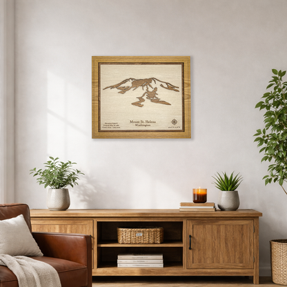Large Mount St. Helens wood wall art hanging in a modern living room setting above a sofa