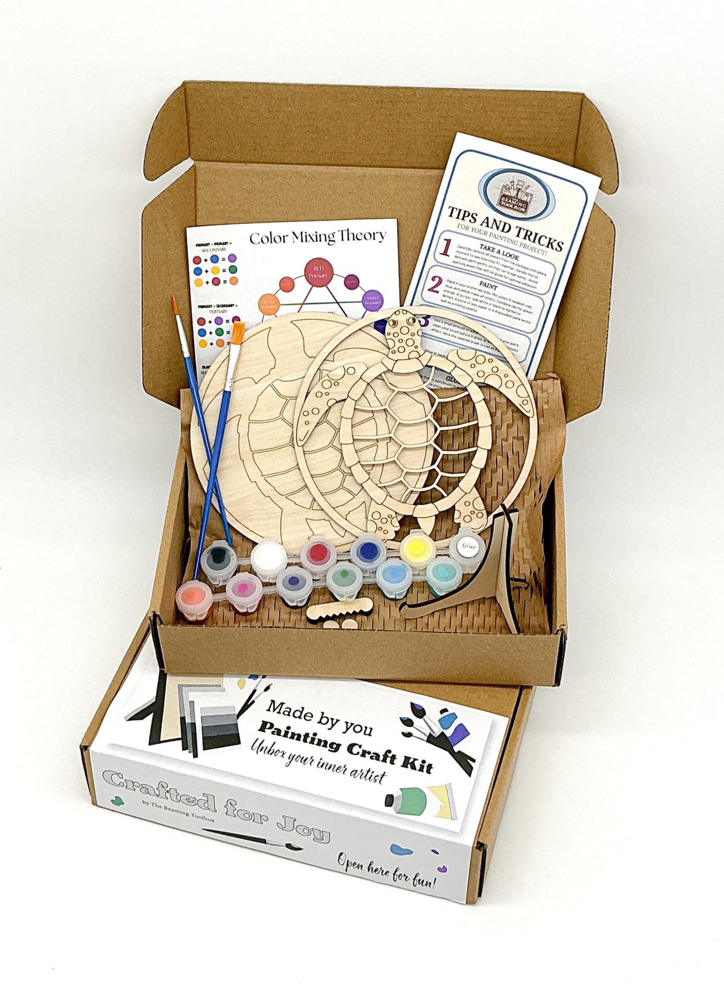 DIY Wood Painting Craft Kit, Mini Moments, Sea Turtle With Paint, Brushes, And Instructions In A Finished Box