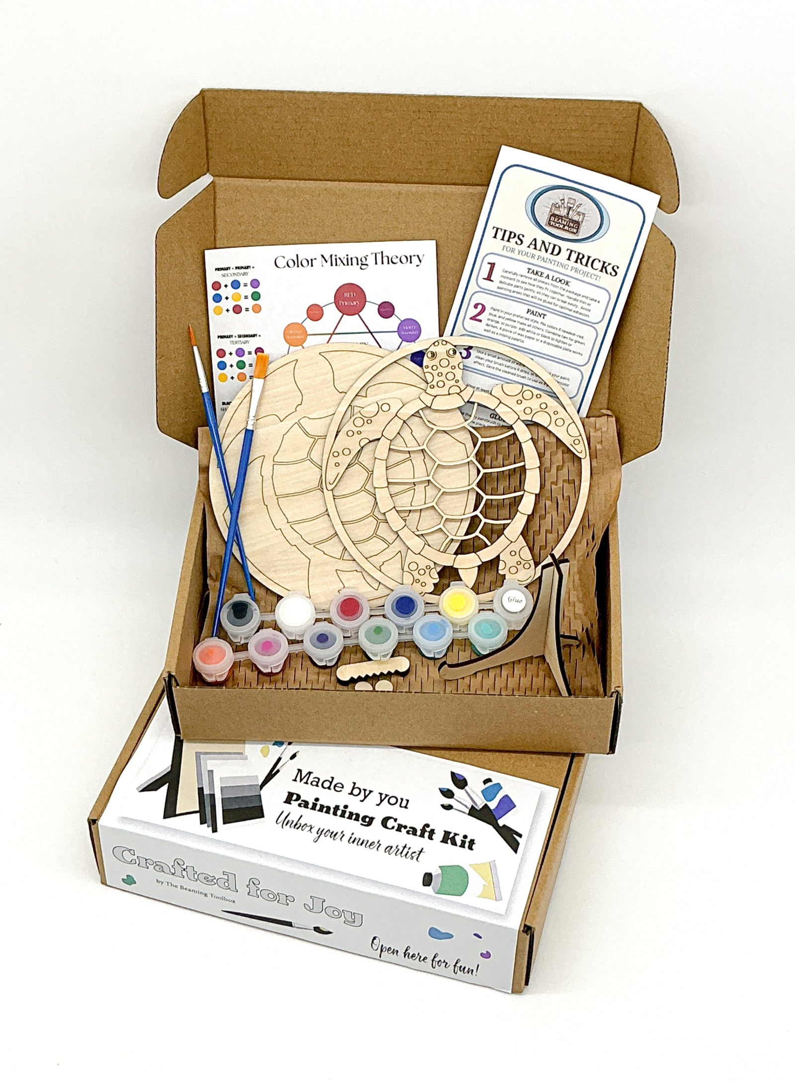 DIY Wood Painting Craft Kit, Mini Moments, Sea Turtle With Paint, Brushes, And Instructions In A Finished Box