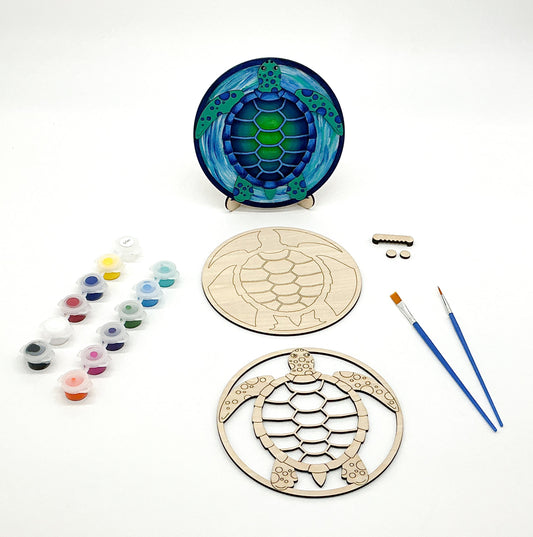 DIY Paint Sea Turtle Kit With Sawtooth Hangers, Paint Pots and Brushes and Finished Paint Kit.