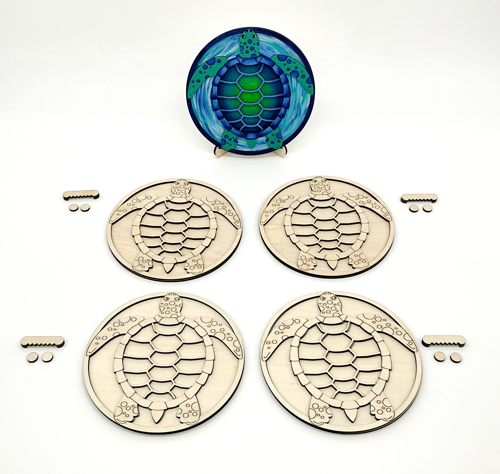 DIY Wood Painting Craft Kit, Sea Turtle Art Kit, Set of 4 And Painted Example